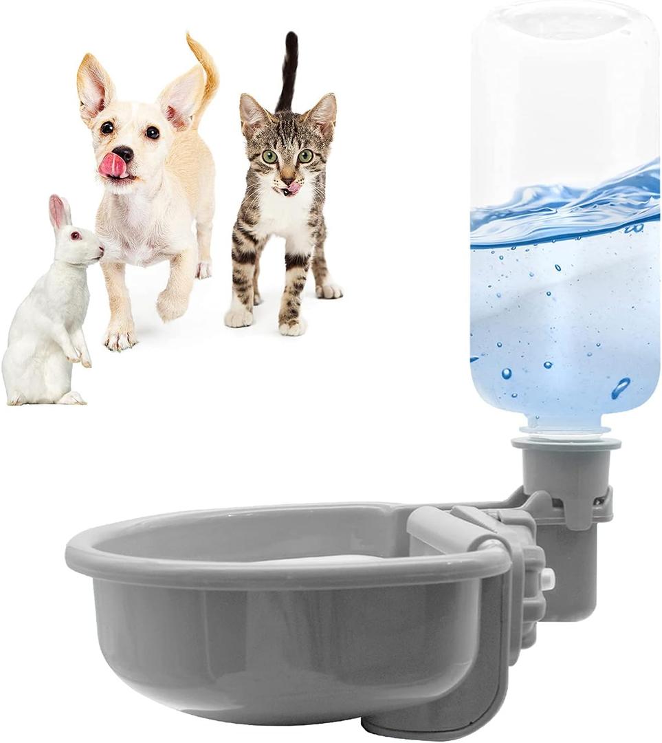 VANNON 16oz Pet Water Bottle, Gravity Dog Water Bowl Dispenser for Cage, Anti-Overflow Water Dispenser for Small Dogs, Cats, Rabbits and Other Small Animals, BPA Free, Grey