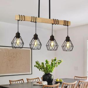 30" Farmhouse Kitchen Light Fixture, Black Hanging Kitchen Chandelier, 4-Light Rustic Dining Room Light Adjustable Height with Wood and Metal Frame, Suit for Farmhouse, Industrial Style