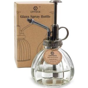 OFFIDIX Transparent Glass Watering Spray Bottle, 6.3 Inches Tall Vintage Style with Bronze Plastic Top Pump One Hand Plant Mister Glass Watering Can Indoor