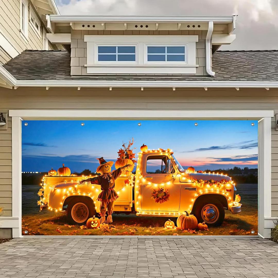 Halloween Garage Door Banner 13x6ft Pumpkin Truck Hay Bales Theme Backdrop Fall Thanksgiving Decor Door Cover Hanging Decorations Indoor Outdoor Halloween Yard Party Photo Prop Background