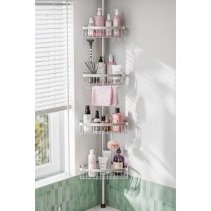 Corner Shower Caddy Tension Pole: Adjustable Rustproof 4-Tier Inside Bathroom Organizer - 47-121 inch Quick Installation Bathtub Shelves for Shampoo Storage - Rod Floor Standing Bath Rack (Silver) Corner Shower Caddy Tension Pole: Adjustable Rustproof 4-Tier Inside Bathroom Organizer - 47-121 inch Quick Installation Bathtub Shelves for Shampoo Storage - Rod Floor Standing Bath Rack (Silver)