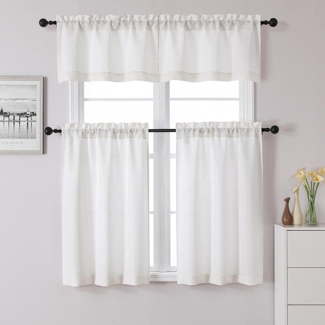 Chyhomenyc Bennet Kitchen Curtains 36 Inch Length Tier Curtains, Faux Linen Textured Small Cafe Curtains, Light Filtering Short Window Curtains for Bathroom Basement, 30x36 inch, 2PCS, Natural