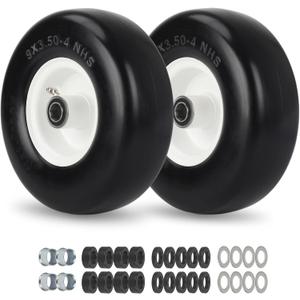 9x3.50-4 Flat Free Lawn Mower Tire and Wheel, Smooth Tread Tire for Zero Turn Mowers, Installed 3/4" Bearing with Extra 5/8" Bearing, 3.5"-4"-4.5"-5" Centered Hub, 2 PCS (9x3.50-4 Flat Free (Smooth Tread ))
