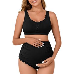 Summer Mae Maternity Ribbed High Waist Swimsuit Crop Top Bikini Bathing Suit High Cut Two Piece Pregnancy Swimwear Scalloped Black X-Large