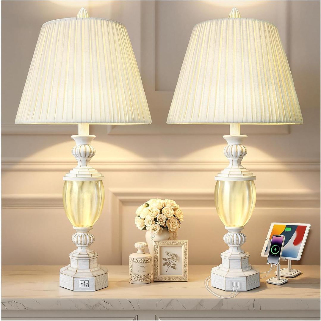 27" Rustic End Table Lamp Set of 2 with Night Light for Bedroom Living Room USB Charging Pots Farmhouse Bedside Lamp with Pleated Shade Boho Nightstand Lamps for Room Office Hotel Dorm (Bulb Included)