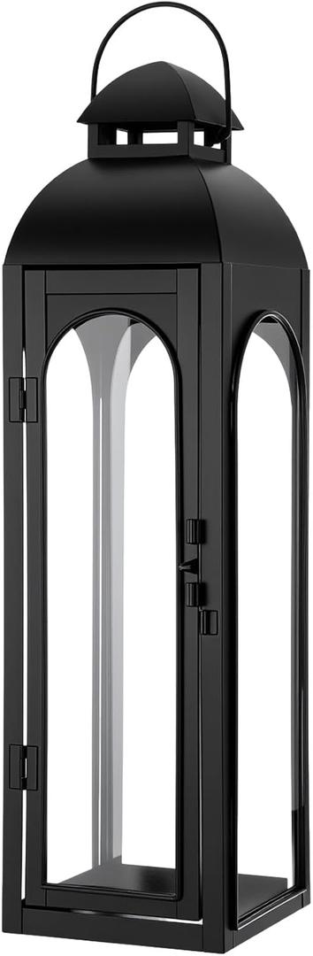 Nuogo 1 Pack 20 Inch Large Black Metal Decorative Lanterns Luxury Hurricane Modern Candle Lanterns with Clear Glass Panels for Porch Outdoor Garden Wall Hanging Patio Wedding Party Table Decoration