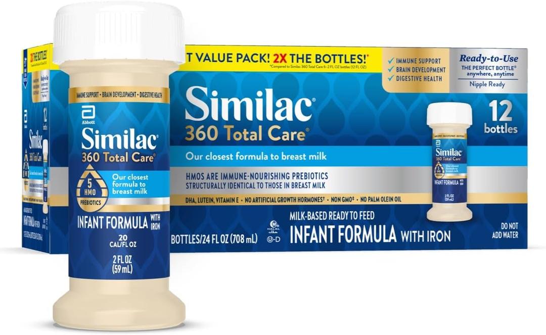 Similac 360 Total Care Infant Formula, Has 5 HMO Prebiotics, Our Closest Prebiotic Blend to Breast Milk, Non-GMO, Baby Formula, Ready to Feed, 2-fl-oz Bottle, Pack of 12