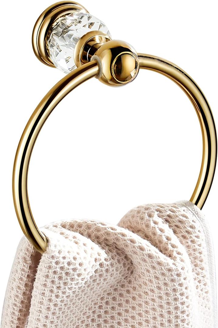 WINCASE Crystal Towel Ring, Gold Towel Holders for Bathrooms, Round Hand Towel Rack Wall Mounted Decorative