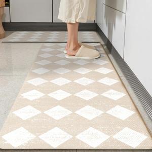 Moroccan Trellis Cream Checkered Kitchen Rug Sets [2 PCs], Anti-Fatigue, Waterproof Non-Slip Kitchen Mats Heavy Duty Ergonomic Comfort Foam Rug for Floor, Home, Laundry,17"x29"+17"x47"