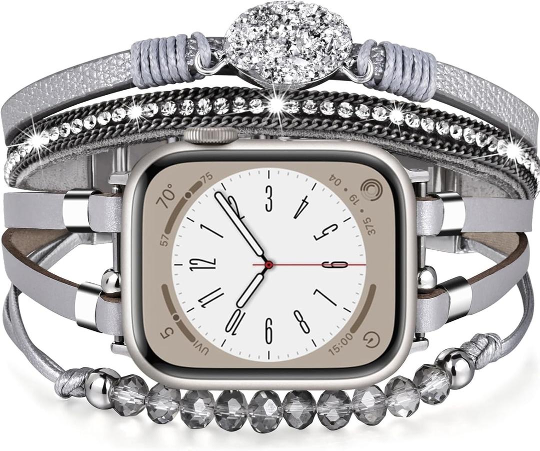 VISOOM Beaded Boho Bracelet Compatible for Apple Watch Band 42mm/41mm/40mm/38mm Series 10 9 8 7 SE Series 6/5/4 Women Leather Fashion Cute Handmade Multilayer Wrap Watch Strap for iWatch Bands 3/2/1 (Gray)