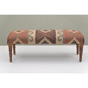 NATURAL FURNISH Acacia Wood Kilim Jute Fabric Upholstered Bench with Geometric Print | Southwestern Pattern Wooden Ottoman with KD Legs for Living Room, Bedroom, Hallway (Rustic Brown & Terracotta)