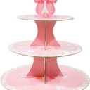 Pink Bow Theme 3-Tier Round Cardboard Cupcake Stand, Holds 8-12 Cupcakes, Waterproof & Reusable, Easy to Assemble, Ideal for Bachelorette, Wedding, Birthday Parties