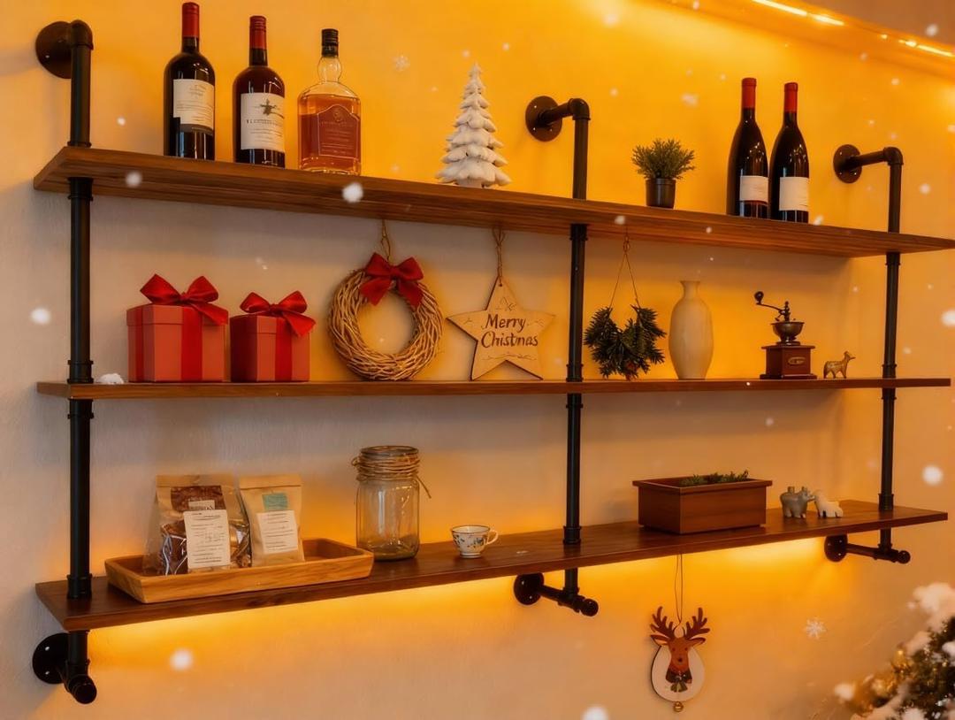 Industrial Pipe Wall Shelves Pipe Shelving with Real Wood Plank 70 Inches | Floating Shelves for Wall Farmhouse Pipe Book Shelves Dark Brown 3 Tier for Kitchen,Living Room Decor and Bar Shelving