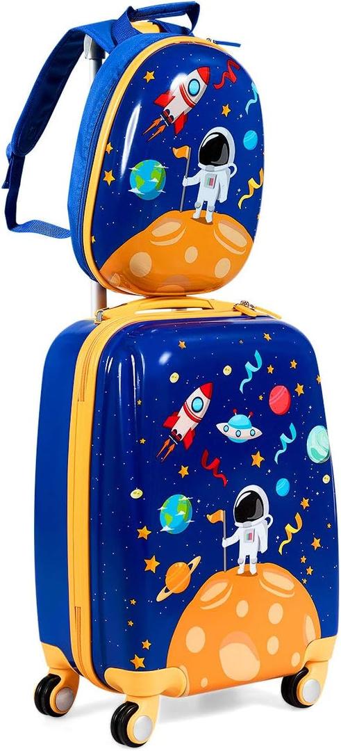 GYMAX 2Pc Kid Carry On Luggage Set, 12" & 18" Kids Suitcase with 4 Spinner Wheels, Travel Rolling Trolley