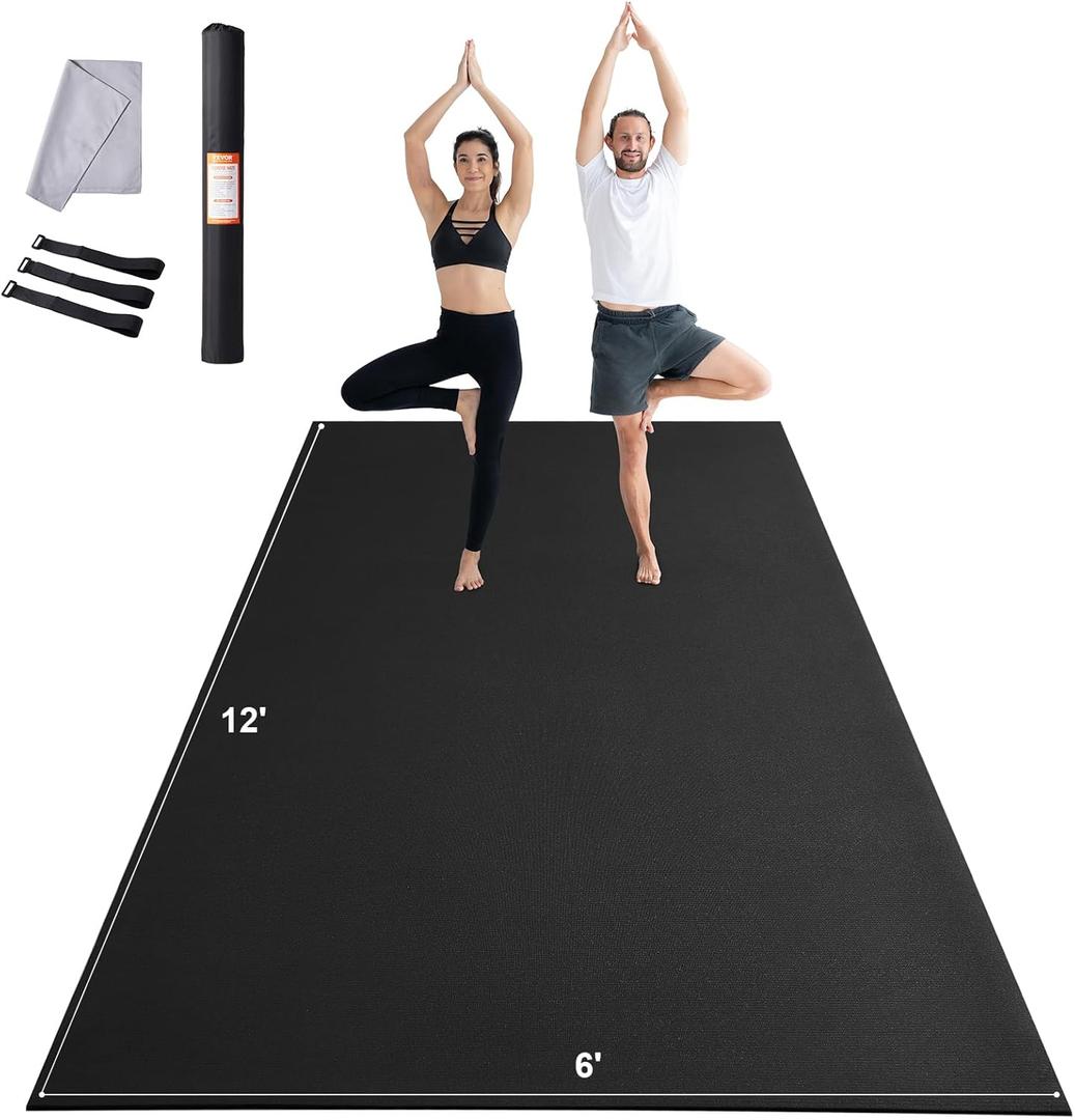VEVOR Large Exercise Mat, 12'x6'/10'x6'/9'x6'/8'x6'/8'x5'/7'x5'/6'x4' (7mm) Extra Thick, Non Slip High Density Premium Workout Mat, Exercise Yoga Mat for Men & Women, Fitness & Exercise Mat with Bag & Carry Strap, for All Types of Home Yoga, Pilate & Floor Workout