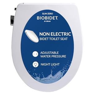 Bio Bidet Slim Zero Non Electric Bidet Toilet Seat Round, Low Profile Seat with Slow Close Lid, Battery Powered Night Light, Dual Nozzles, White