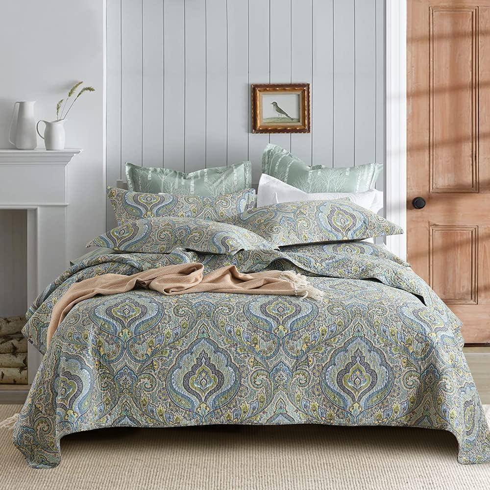 Autumn Dream Cotton Bedspread Quilt Sets, 3 Pieces Reversible Comforter Coverlet Sets,Classical Damask Paisley,Queen Size (Queen (90 by98inch))