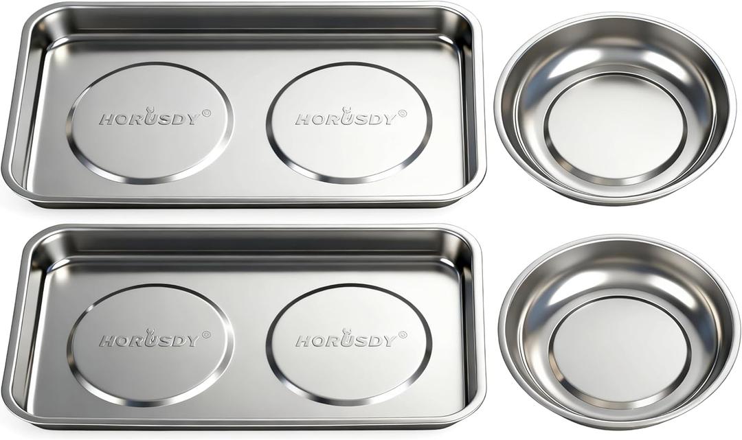 HORUSDY 4-Piece Large Magnetic Parts Tray Set, Stainless Steel Heavy Duty 9.5" W x 5.5''L Square and 4.5" Round Magnetic Trays Tools Parts Tray