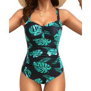 Tempt Me Women Ruched Slimming One Piece Swimsuits Tummy Control Vintage Bathing Suits (XX-Large, Black Green-leaves) Tempt Me Women Ruched Slimming One Piece Swimsuits Tummy Control Vintage Bathing Suits (XX-Large, Black Green-leaves)
