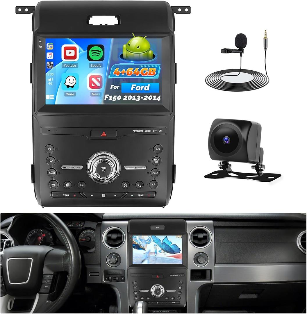 Car Radio for Ford F150 2013 2014: [4G+64G] 9 inch Car Stereo with Wireless Carplay Android Auto, Touch Screen Upgrade for F150 with Bluetooth5.0/32EQ/1280 * 720P/GPS/5GHzWiFi/DSP/EQ