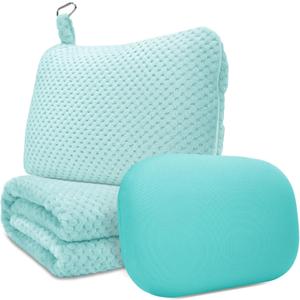 Travel Pillow Blanket Set-3 in 1 Travel Pillow Memory Foam, Soft Travel Blanket Airplane Compact with Bag, Inner Pillowcase, Hand Luggage Belts and Backpack Clip, for Plane Car, Blue Green