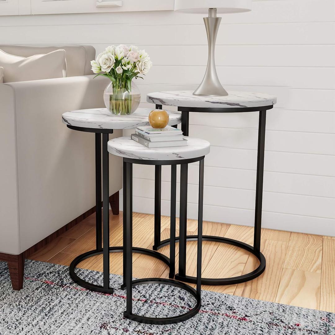 Lavish Home Nesting Tables - Set of 3 Round Side Tables for Living Room, Bedroom, or Home Office - Faux Marble End Table Set - Modern Living Room Furniture (White), Small, Medium, Large