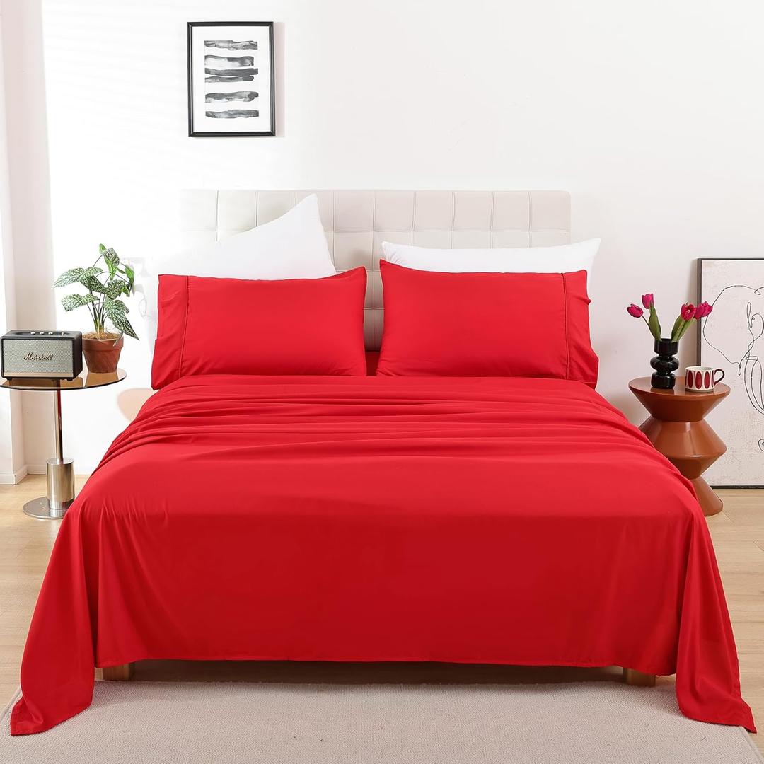 Whitney Home Textile Twin Size Sheet Set - Luxury Soft Comfy Bed Sheets, Breathable Cooling Hotel Bedding for Women, Men, Teens, Extra Deep Pocket, Easy-Fit, Oeko-Tex, Wrinkle Free 3 Piece - Red