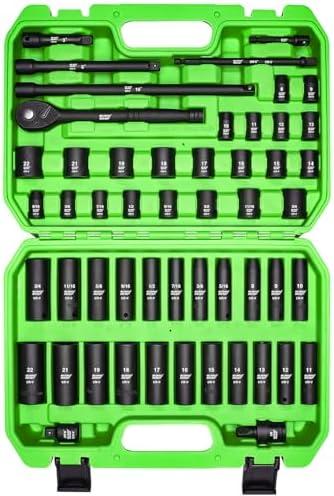 SUNHZMCKP 3/8" Drive Impact Socket Set, 52 Piece Standard SAE (5/16-3/4 inch) and Metric (8-22mm) Shallow & Deep 6 Point Sockets, 3/8-In Ratchet Handle, Extension Bars, Adapters, Universal Joint, CR-V