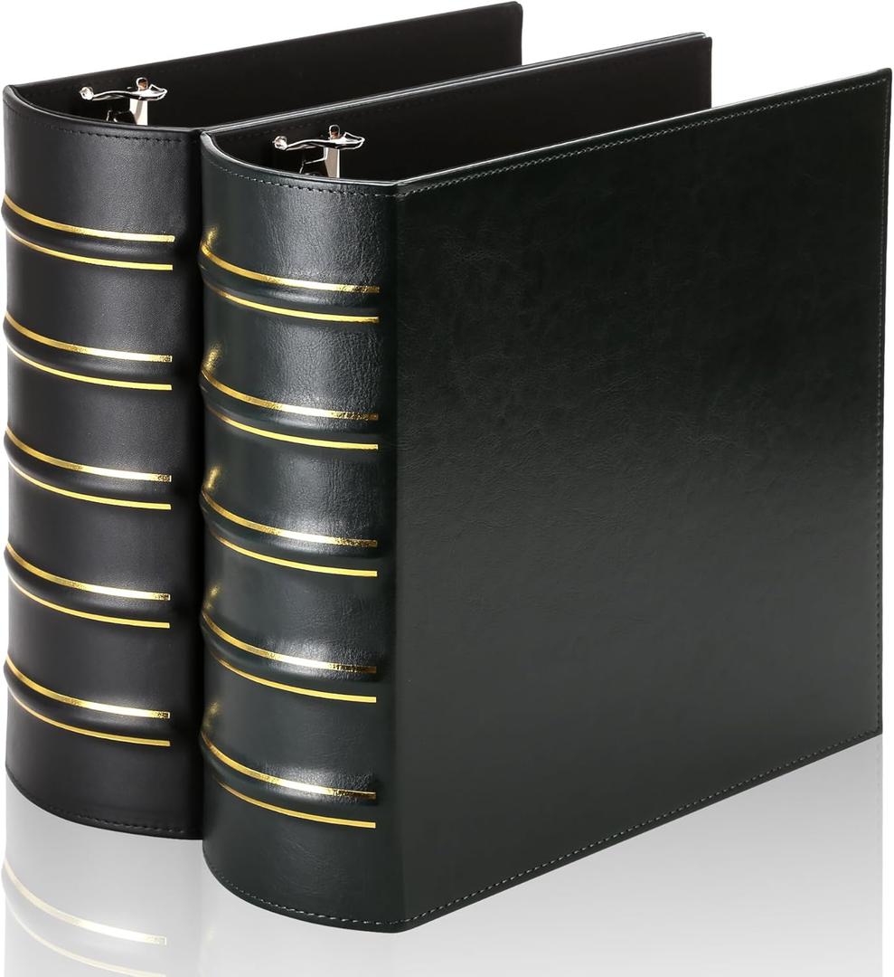 2 Pcs Vintage Hardback 3 Ring Binder 3 Inch, Professional Leather Binder 3 Ring, Three Ring Binders Fits 8.5 x 11, D Ring Binders for Home, School and Office- (1 Black and 1 Dark Green)