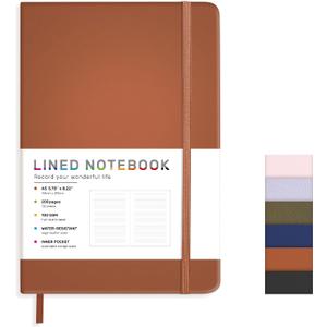 Lined Journal Notebook for Women Men, 200 Pages A5 Hardcover Leather Journals 5.7 x 8.3, A5 College Ruled Notebooks with 100 GSM Thick Paper for Writing, Travel, School, Office, Work, Business(Brown)