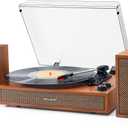 Vintage Vinyl Record Player with External Bookshelf Speakers, 3-Speed Belt Drive Turntable with Auto Stop, Bluetooth Input, RCA Out, AUX in – Brown Wood