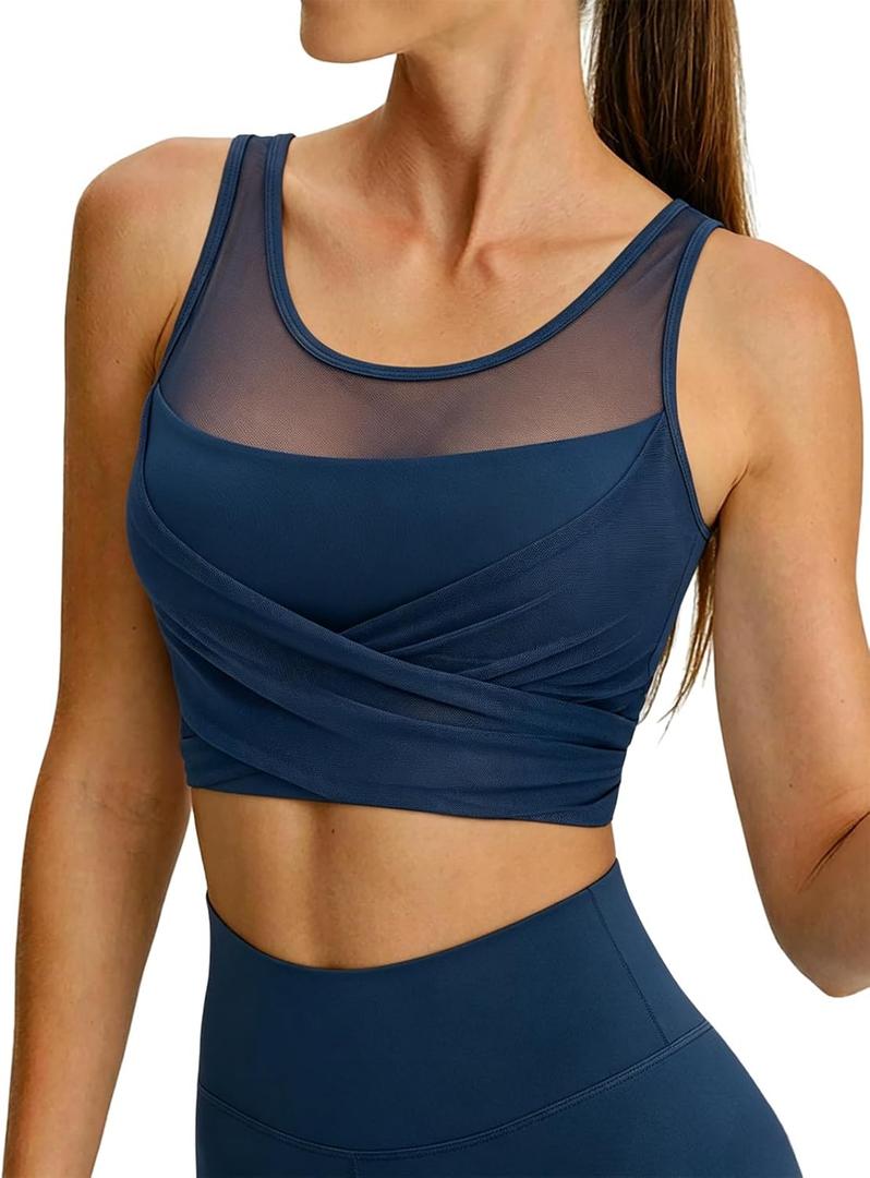 BERLOOK Womens Crop Tank Tops with Built in Bras Breathable Wrap Ruched Athletic Workout Yoga Sleeveless Gym Tops (Medium, Navyblue)