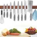 Magnetic Knife Holder for Wall, Magnetic Knife Strip No Drilling 23 Inch, Walnut Wood Magnet knife holder strip with 2 Hooks, Powerful Magnet Knife rack for Kitchen Utensils, Knives