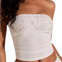 WDIRARA Women's Sequin Ruched Tube Top Strapless Sleeveless Bandeau Crop Tops (Large, White)