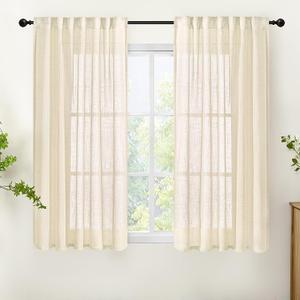 Beige Linen Blend Short Kitchen Curtains 54 Inch Length 2 Panel Set Semi Sheer Light Filtering Back Tab Rod Pocket Drapes Modern Farmhosue Small Curtains for Cafe Bathroom Living Room 