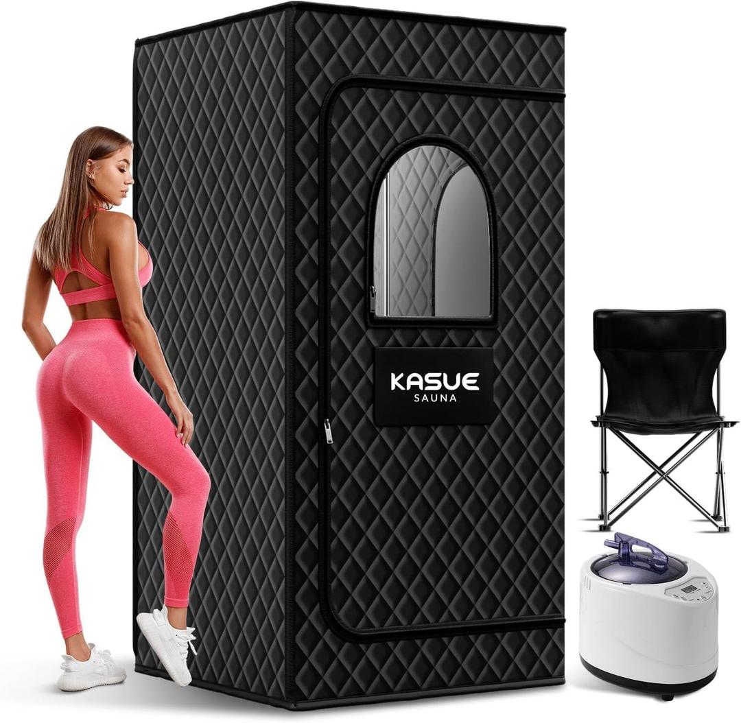 Infrared Sauna, Portable Steam Sauna Box with XL Steamer and Folding Chair, 5-Layer Waterproof and Thermal Insulation, for Home Spa, Detoxification, Relief Muscle Pain, Indoor & Outdoor(Dark Black)