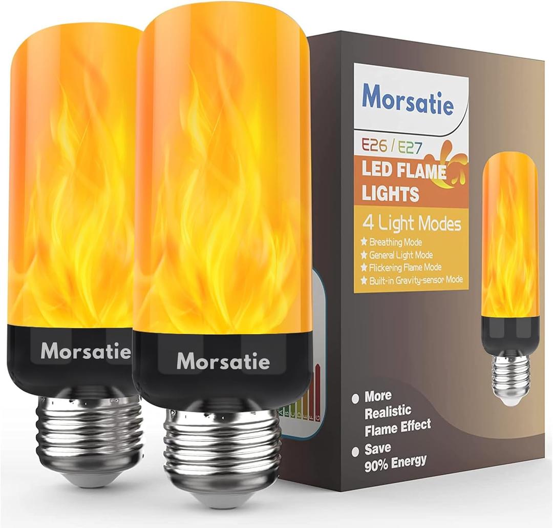 LED Flame Light BulbsUpgraded, 4 Modes Flickering Light Bulbs with Gravity Sensor, E26 Fire Light Bulb for Halloween, Christmas, Party, Porch, Patio, Indoor Outdoor Decorations - 2 Pack