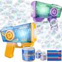 Bubble Gun 2 Packs for Kids, Automatic Bubble Machine with 2 Bottles &25 Bags Refill Solution, LED Light Bubble Maker Gifts for Kids, Outdoor Game Toys for Boys&Girls Ages 3+ (Purple&blue)