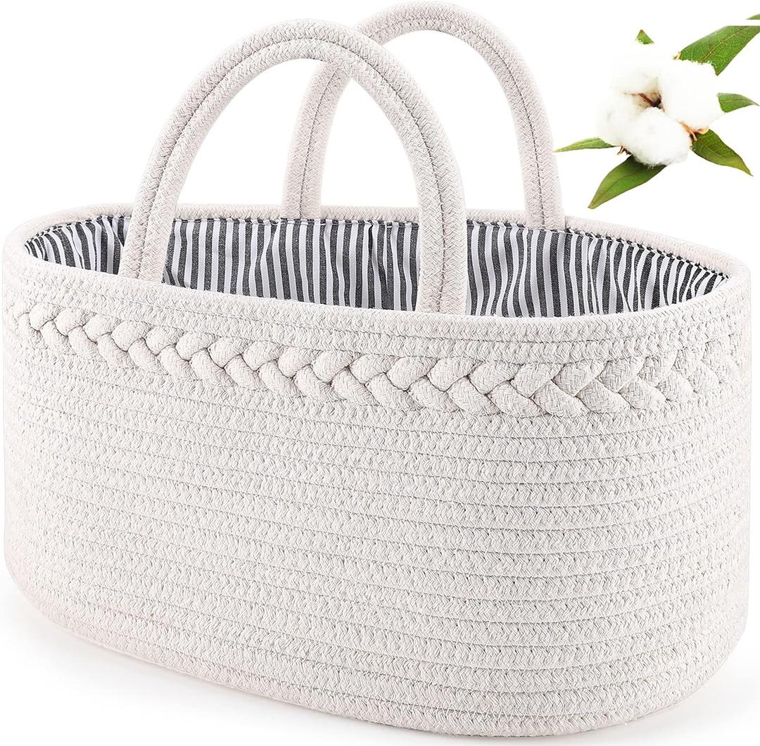 ABenkle Baby Diaper Caddy, Nursery Storage Bin and Car Organizer for Diapers Wipes, Cotton Rope Basket Changing Table Caddy (Large, White)