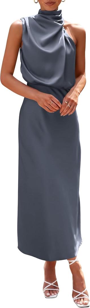 PRETTYGARDEN Women's 2025 Summer Satin Dress Elegant Sleeveless Mock Neck Cocktail Party Maxi Dresses (Grey Blue)