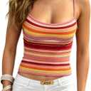Women Y2k Striped Knitted Tank Tops Fitted Low Cut Cami Top (S)