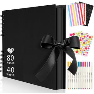 11.5 x 8.5 Inch Black Scrapbook Album, 80 Pages Photo Album with Black Pages, Kraft Paper Hardcover Memory Book with DIY Accessories Kit for Mother's Day Wedding Travel