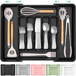 Extra Large Expandable Silverware Organizer, BPA-Free Food-Safe Cutlery Flatware Organizer, Kitchen Utensil Drawer Organizer, Adjustable Silverware Holder for Spoons Forks Knives, Black