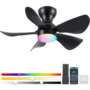 Ceiling Fans with Lights and Remote/APP Control, 30 inch Low Profile Ceiling Fans with Dimmable White Colors and RGB Lighting, 6 Speeds 5 Curved Blades for Kids Room Bedroom Bar, Black