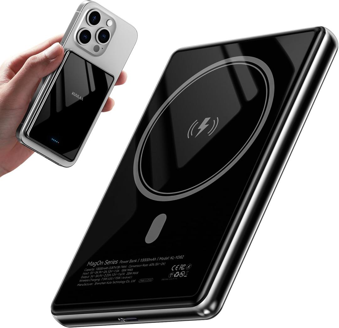 Kuulaa 10000mAh Magsafe Power Bank Ultra Slim 0.53'' Magnetic Wireless Portable Charger with USB-C Output, 20W PD Fast Charging for iPhone 16/15/14/13/12 Series, Tempered Glass Design
