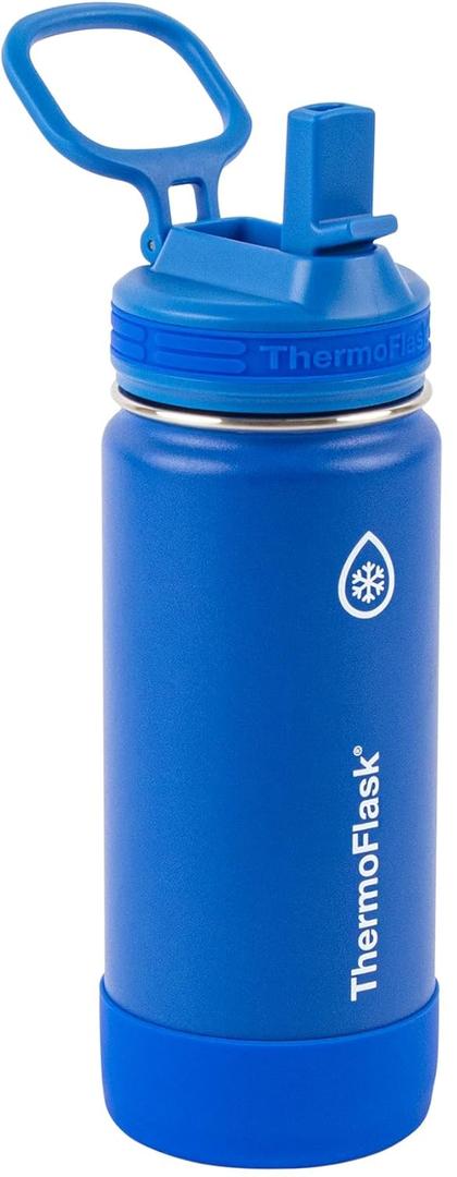 ThermoFlask Kids 16 oz Insulated Water Bottles with Straw Lid BPA-Free Stainless Steel Leakproof & Spill-Proof Design Easy Clean Wide Mouth 1-Pack for School, Sports, Playdates, Blueberry/Wolf Grey