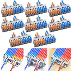 CESFONJER 2-in-12-out Terminal Block Kit (8 Sets), High Density Lever Wire Connectors, Dual Input to Twelve Output, DIN Rail & Screw Fix, for 28-12AWG Wire