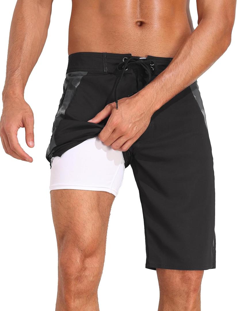 unitop Mens Swim Trunks with Compression Liner Bathing Suit 9" Surfing Summer Board Shorts with Pocket (Black)