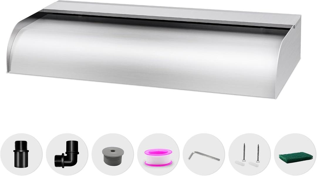 Pool Fountain Waterfall Spillway with Wider Water Flow Platform, Stainless Steel Waterfall with Pipe Connector Kits, Water Feature Spillway for Garden Decor, Patio, Ponds, 23."x11.8"x3.9" (24 INCH-Wider & Bend)