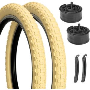 2-Pack Kids Bike Tires Set: Hycline 16x2.125 Inch (57-305 mm) Folding Replacement Puncture-Resistant Bicycle Tires and16-inch Inner Tubes with Tire Levers for BMX, MTB or Kids Children Racing-Cream
